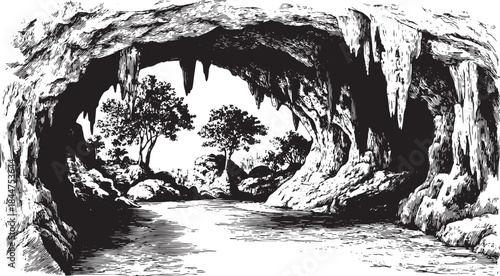 Cave landscape with trees and rocky formations. Black and white vintage illustration depicting natural geological features in a serene environment vector.