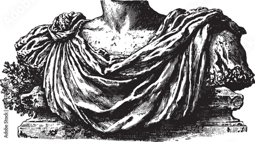 Statue bust in ancient style. Detailed carving with drapery in black and white vector illustration showcasing historical art and culture.