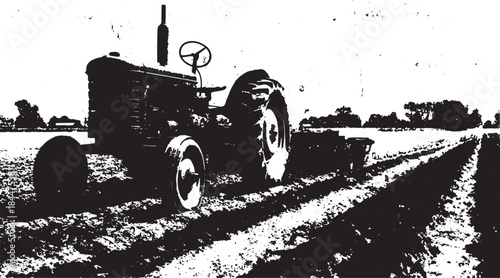 Vintage tractor in a black and white vector illustration set in a rural outdoor field.