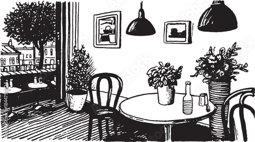 Room interior vector illustration featuring a table, chair, and plants. Simple black and white artwork emphasizes modern decor and light space.