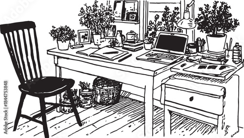 Home office workspace set with desk, chair, and plants. Simple line art vector illustration showcasing a clean and organized setup.