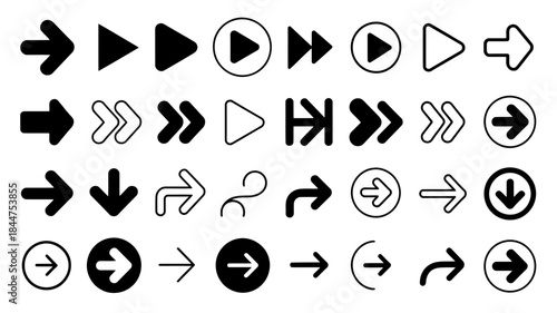 Diverse collection of arrow and media control icons for digital interfaces