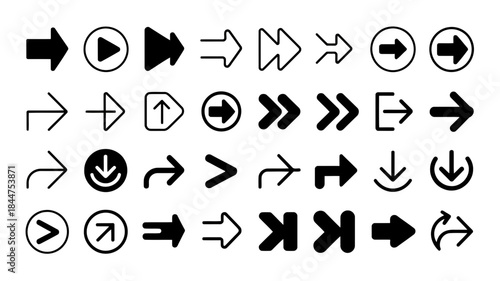 Variety of modern arrow icons in black, representing direction, navigation, and playback controls
