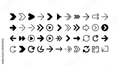 A comprehensive collection of diverse black and white arrow icons for web and ui design