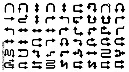 Comprehensive collection of black arrow icons displaying various directions and navigational symbols for user interfaces