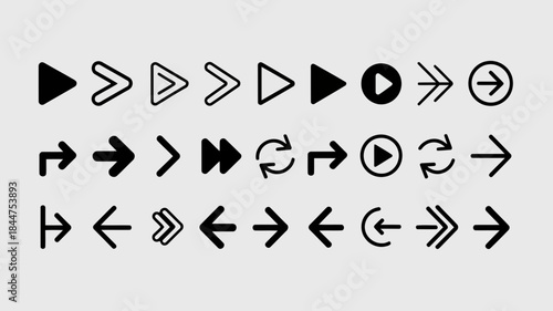 A versatile collection of black vector arrows and media control icons for web and app design