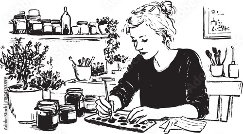An artist engaged in a drawing at a workspace. Featuring jars, pencils, and various tools, this vector illustration captures creativity.