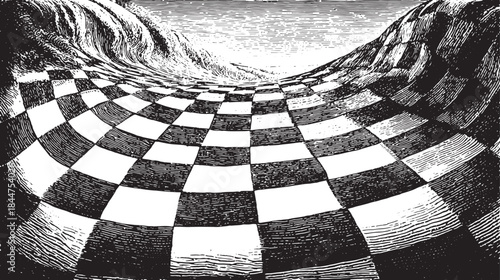 Checkerboard pattern with black and white squares creates a wavy illusion. Simple vector illustration for visual design.