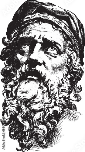 Detailed illustration of a bearded male figure with classic hair. Vintage black and white vector illustration capturing a serious expression.