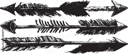 Vintage arrows with feather fletching. Hand-drawn vector illustration set featuring traditional design details.