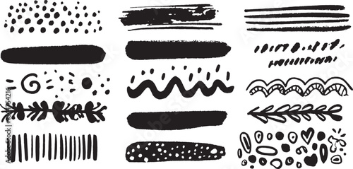 Black lines and patterns in various styles and textures. Decorative vector illustration set showcasing artistic strokes and unique designs.