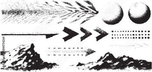 Dynamic arrows and shapes in a monochrome style. A modern vector illustration set showcasing various graphic elements and patterns.