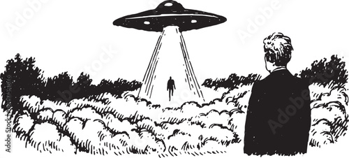 UFO with a light beam projecting downwards. An alien silhouette is visible in this vintage vector illustration set.