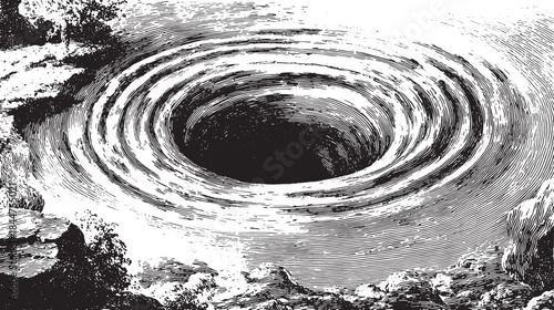 Graphic illustration of a deep hole with a monochrome texture. The round shape creates an empty space in the landscape vector set.