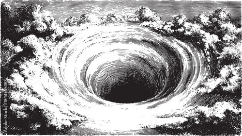 Vortex illustration in black and white with swirling clouds. This abstract vector set depicts depth and movement with tonal textures.