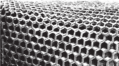 Hexagon pattern and texture in black and white. Simple geometric design featuring a smooth honeycomb style. Monochrome vector illustration.