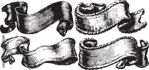 Vintage ribbon banners in black and white. Decorative set of vector illustrations suitable for logos, invitations, and artistic designs.