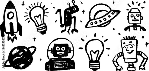 Illustration set featuring rockets, lightbulbs, aliens, and robots in a simple black and white vector style.