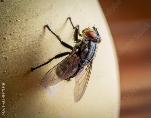 Close view of a fly on a surface in natural light during the evening hours