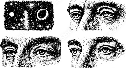 Abstract vector illustration featuring eyes and space imagery. Intricate dot pattern with black and white texture highlights this artwork.
