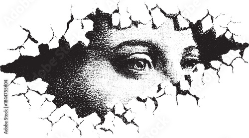 Artistic representation of a face with cracked texture. Black and white vector illustration emphasizing depth and unique design, creating a striking visual.