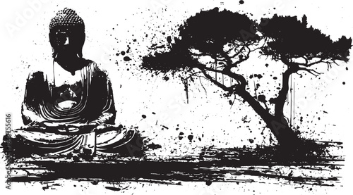 Buddha statue in black and white art style. Abstract vector illustration with a silhouetted tree, creating a minimalist design for decor.