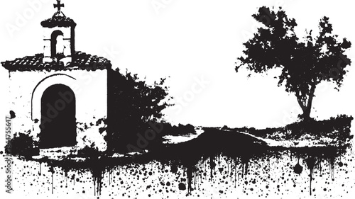 Chapel and tree silhouette in a grunge style. Black and white landscape vector illustration with simple artistic elements.