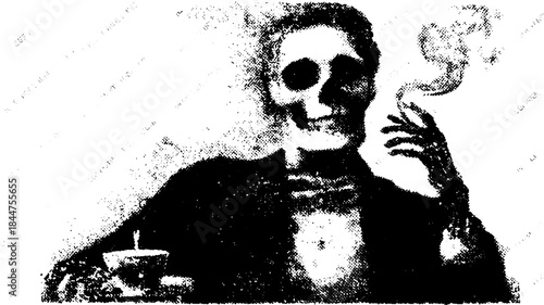 Skeleton character holding a drink with smoke. Monochrome vector illustration in a classic style set for visual impact.