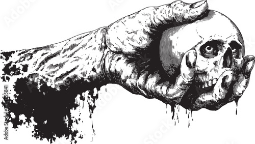 Hand holding a skull in a vintage, monochrome illustration style. Detailed vector artwork featuring a creepy aesthetic.