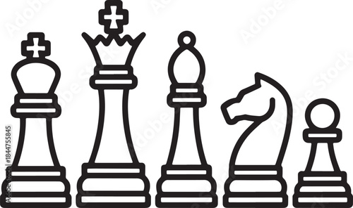 "Vector Illustration of a Complete Chess Set - Chess Pieces: Pawn, Knight, Queen, King"