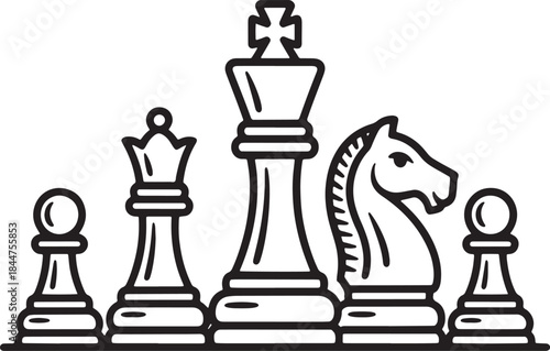 "Vector Illustration of a Complete Chess Set - Chess Pieces: Pawn, Knight, Queen, King"