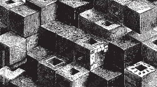Illustration of geometric blocks and structures in black and white. This vector set features textured surfaces and a detailed perspective.