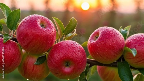 Dewcovered red apples on branch at golden sunset illuminating orchard