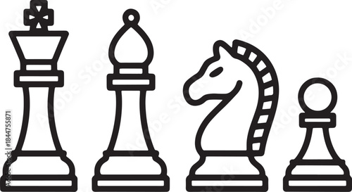 "Vector Illustration of a Complete Chess Set - Chess Pieces: Pawn, Knight, Queen, King"