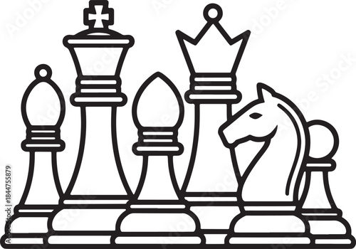 "Vector Illustration of a Complete Chess Set - Chess Pieces: Pawn, Knight, Queen, King"