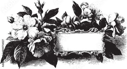 Black and white vector illustration of lush flowers creating a decorative border around an empty frame. Elegant botanical graphic set design.