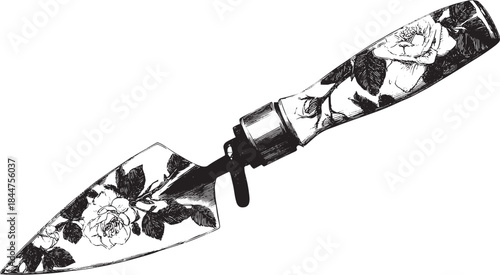 Gardening trowel with a floral rose pattern on the handle. Detailed vector illustration of a decorative gardening tool design.