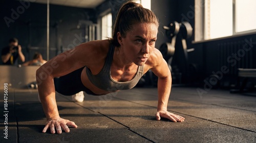Fit athletic woman doing push-ups in gym, sweat on face