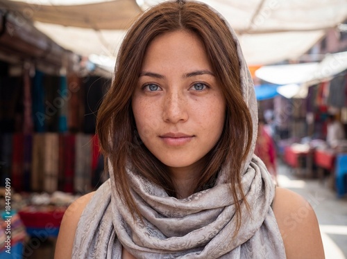 Close-up of a girl with a solid gray neck scarf in sunny weather