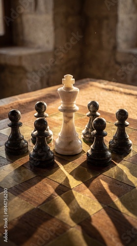 White queen surrounded by black pawns on chessboard – concept of strategy and pressure