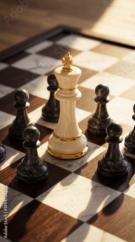 White queen surrounded by black pawns on chessboard – concept of strategy and pressure