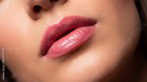 Extreme close-up of woman’s lips with flawless makeup, studio lighting