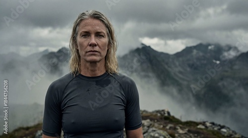 Athletic woman in gray sweatshirt jogging through mountain landscape