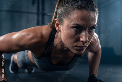 Fit athletic woman doing push-ups in gym, sweat on face
