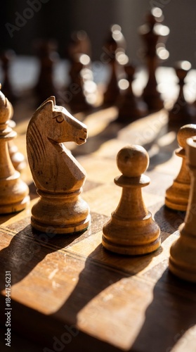 Chess set on board in bright daylight, detailed close-up shot