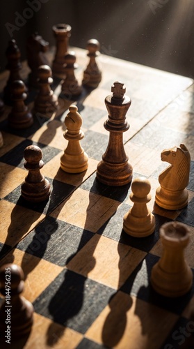 Chess set on board in bright daylight, detailed close-up shot