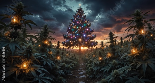 cannabis field with christmas tree illuminated by lights at sunset, festive and surreal stock photo.