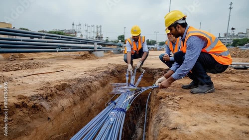 Telecommunications Engineers Connecting Fiber Optic Cables in Trenches During Infrastructure Installation Project.