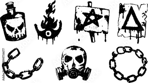 Poison skull and gas mask graphic in black grunge style. This vector illustration includes various symbols in a set, showcasing urban subculture aesthetics.