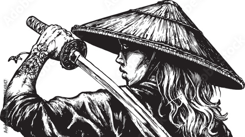 Samurai warrior with a sword, shown in profile. Traditional illustration features detailed elements and a tattoo, vector art set.